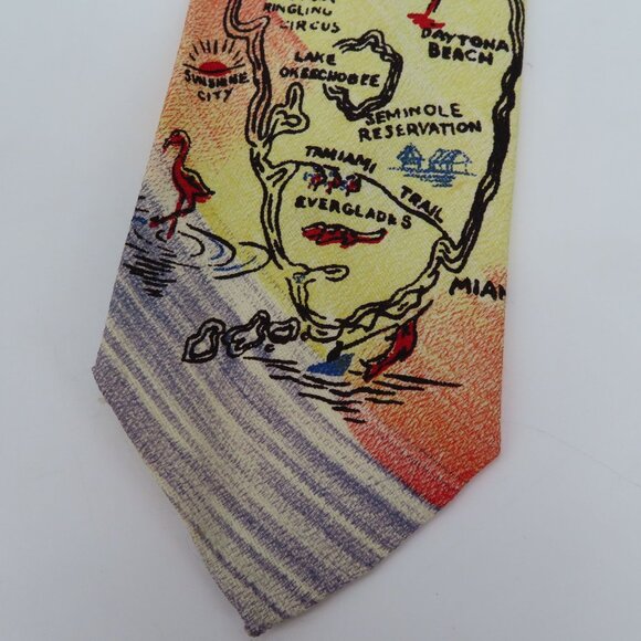 Vintage Palm Island of Miami Hand Painted Map Striped Mens Necktie Tie Retro - Picture 4 of 8